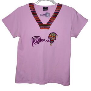 Villa Tour Peru Textile Jr XL Embroidered Pink Ethnic Short Sleeve Cotton Shirt